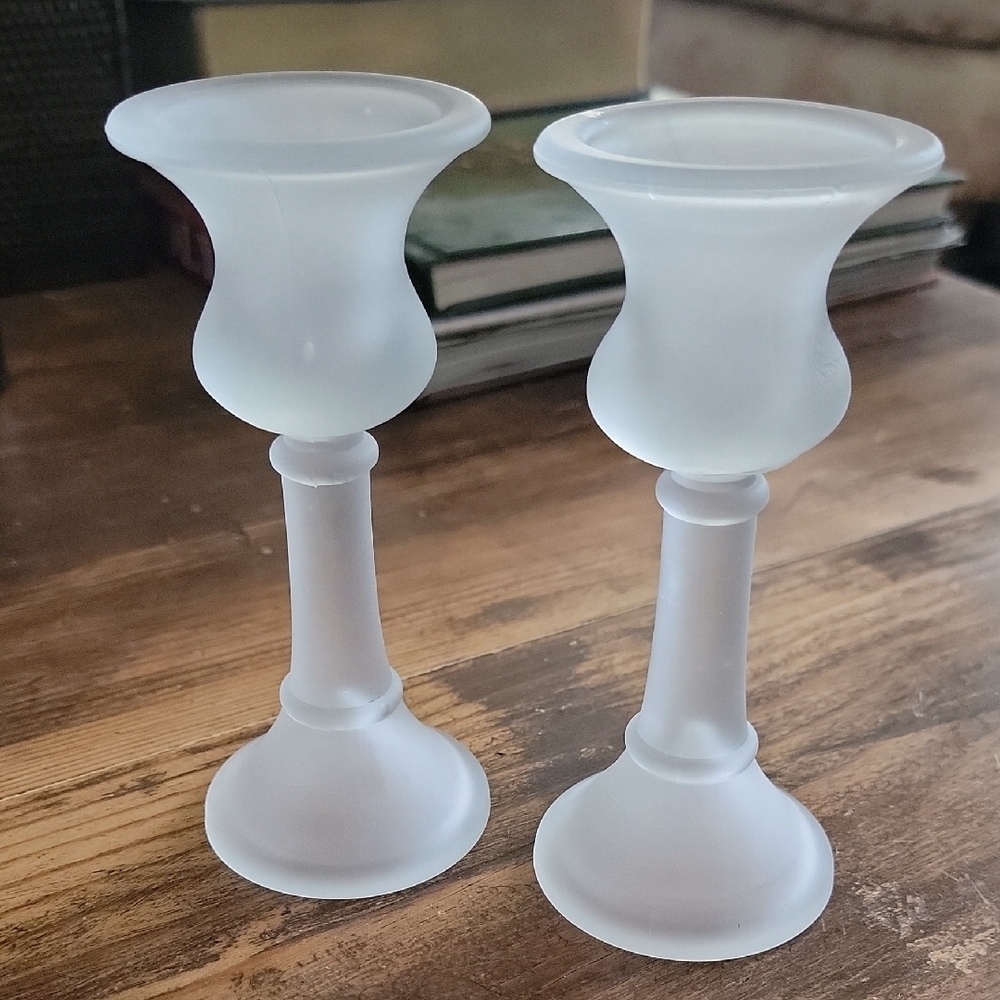 Set of Two Vintage Taper Candle Frosted Candle Holders Frosted Glass Art Deco
